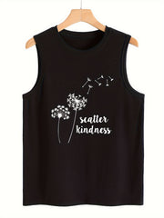Dandelion & Letter Print Sleeveless Sports Vest Round Neck Casual Tops