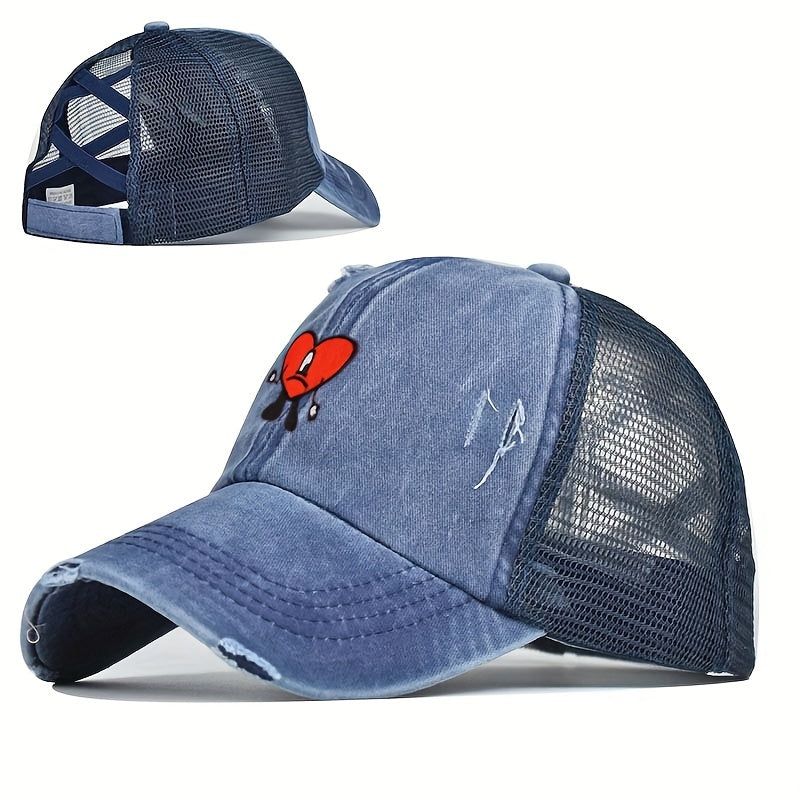 Heart Ripped Ponytail Baseball Cap Candy Washed Distressed Mesh Trucker Hat