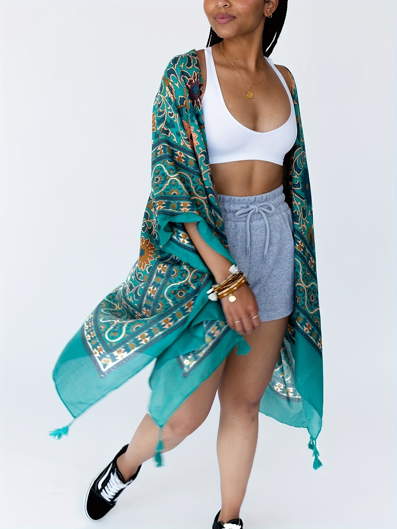 Floral Print Bat Sleeve Tassel Cover Up Cardigan