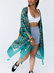 Floral Print Bat Sleeve Tassel Cover Up Cardigan