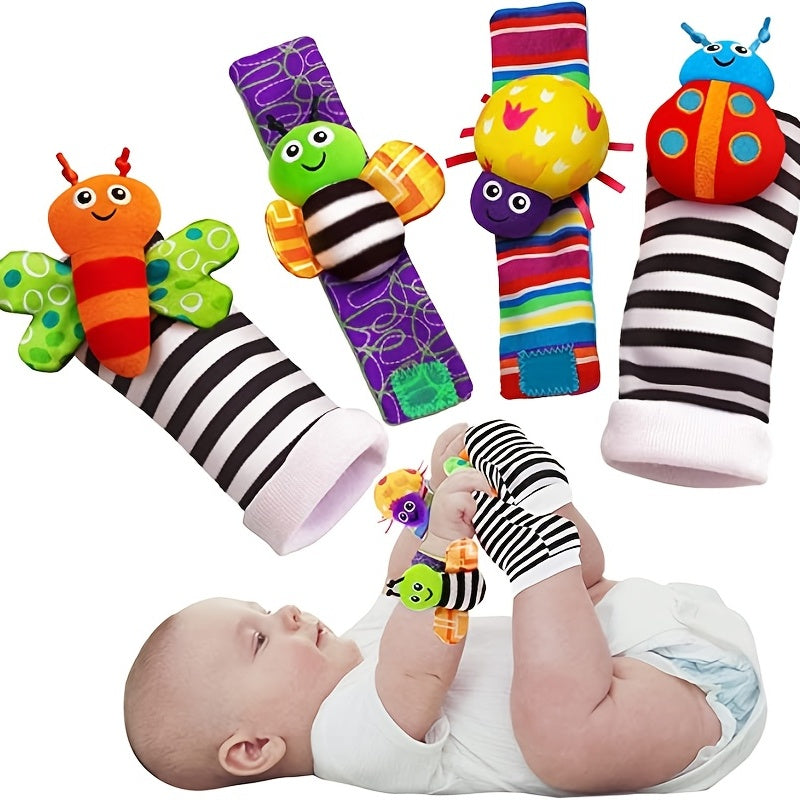4 Pack Baby Wrist Rattle Socks & Plush Toy Set