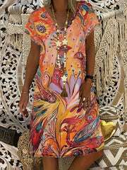 Abstract Print T Shirt Dresses Short Sleeve V Neck Causal Dresses