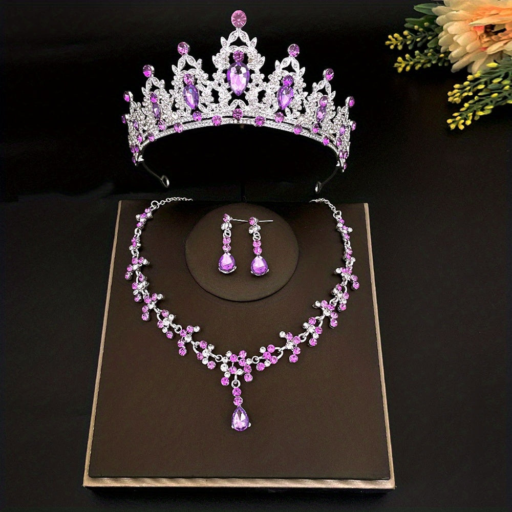 Bridal Crystal Crown Earrings Necklace Set Wedding Jewelry