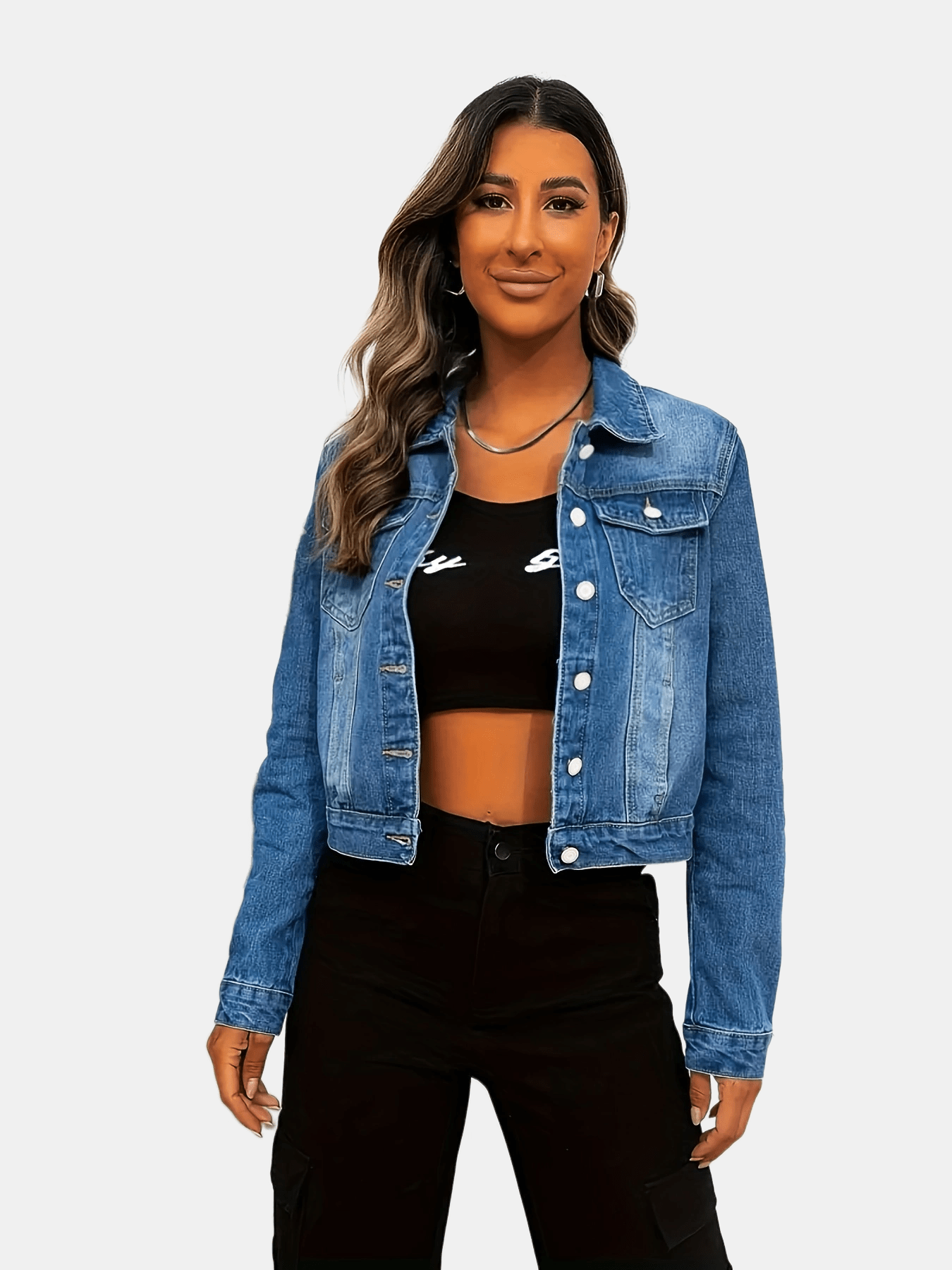 Dark Washed Crop Denim Jacket Long Sleeves