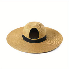 Black Hole Big Brim Sun Hat Solid Ponytail Straw Hat