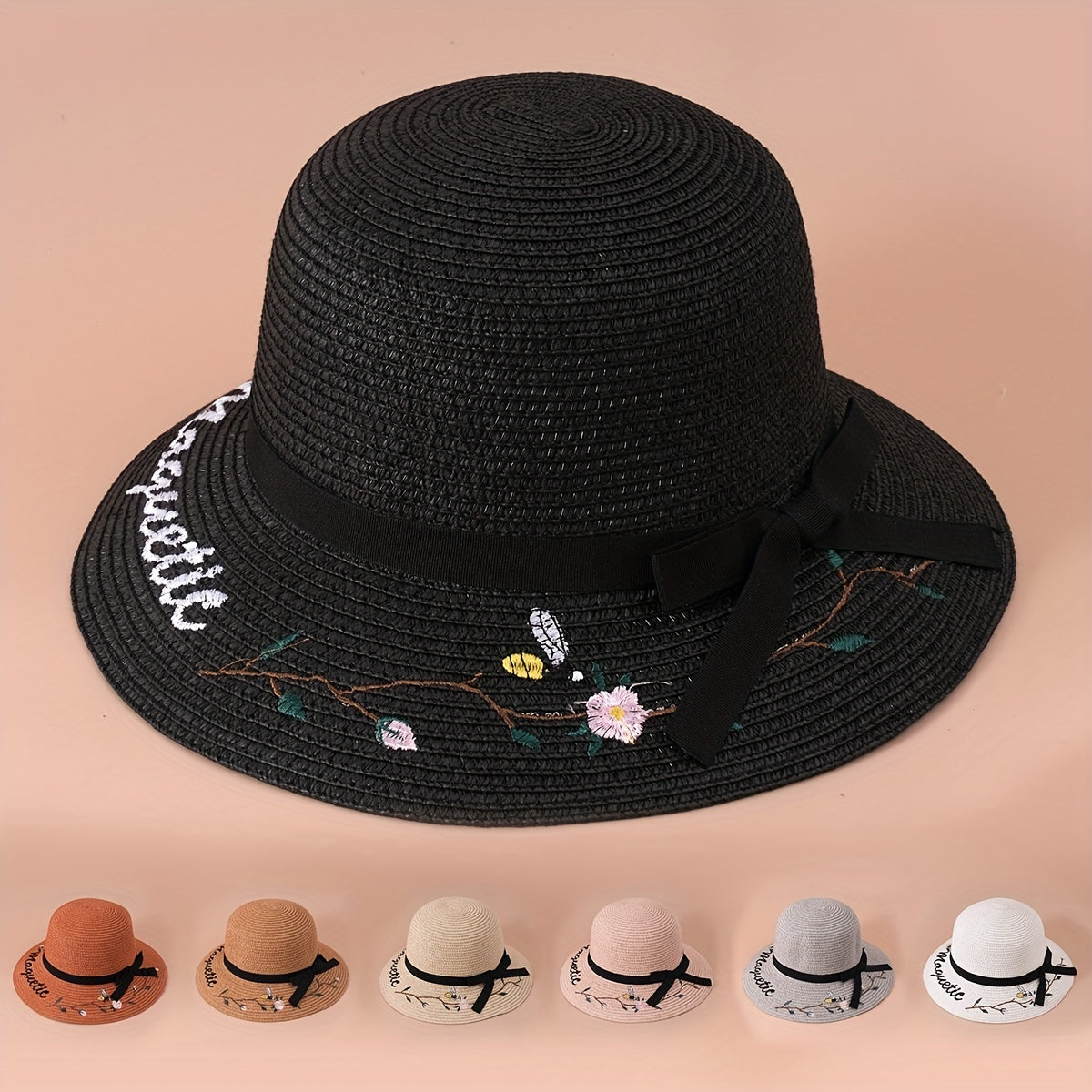 Flower Embroidery Wide Brim Sun Hat UV Protection
