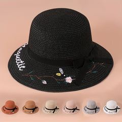 Flower Embroidery Wide Brim Sun Hat UV Protection