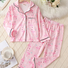 Girl's Flamingo Allover Print Pajamas Button Front Top & Pants Set
