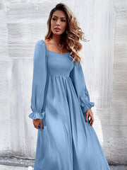 Solid Squared Neck Maxi Dress Ruffle Trim Shirred Long Sleeve