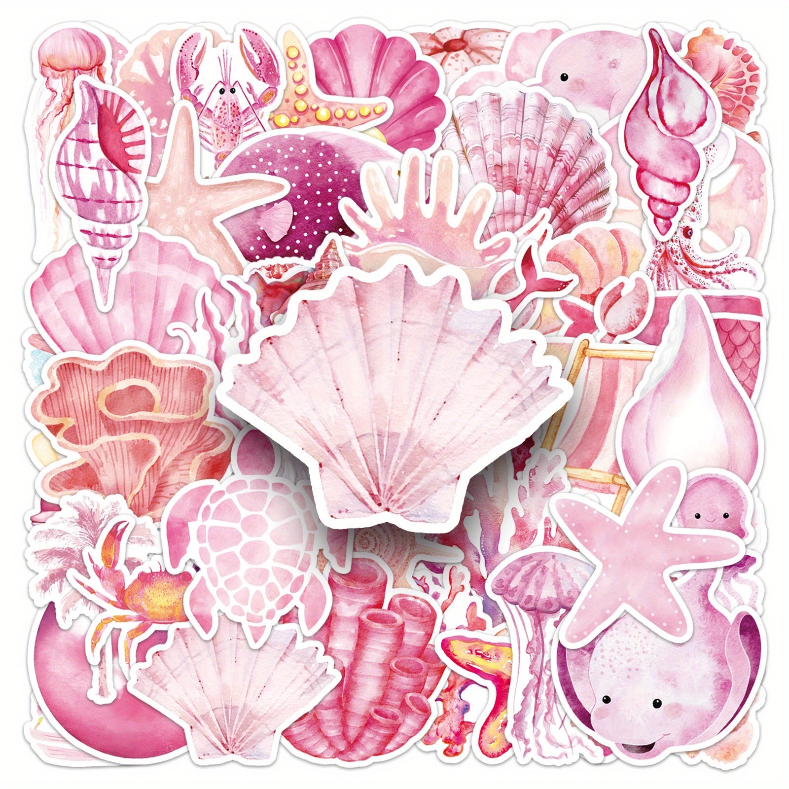 Set of 50 Pink Ocean Themed Cartoon Stickers for Decorating, Self Adhesive