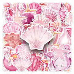 Set of 50 Pink Ocean Themed Cartoon Stickers for Decorating, Self Adhesive