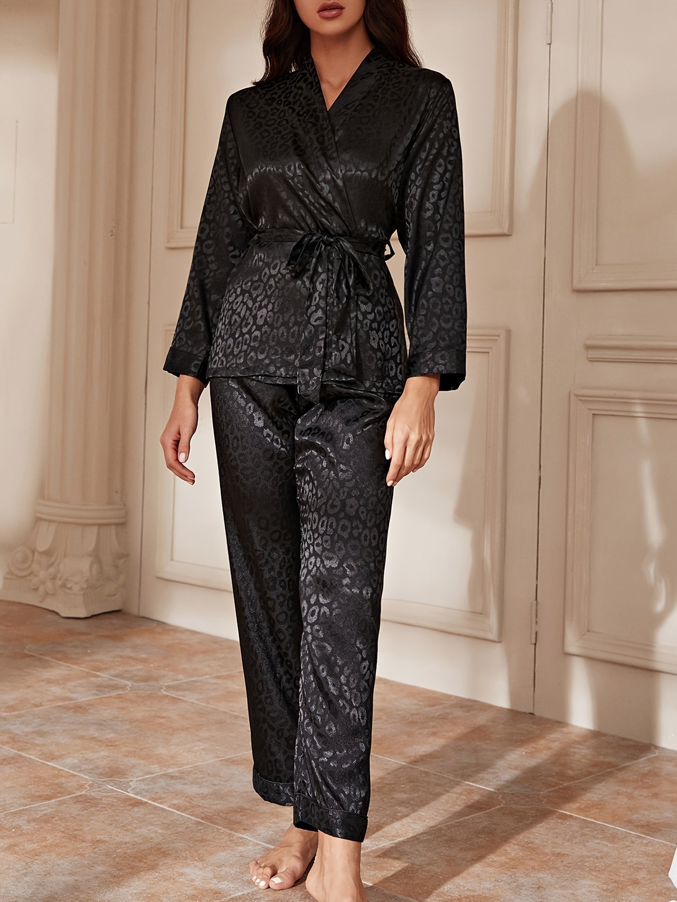 Leopard Pajama Set Long Sleeve Robe & Pants Women's Sleepwear
