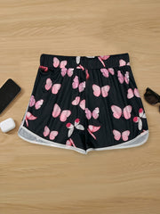 Butterfly Print Contrast Trim Shorts Casual Drawstring Binding Shorts