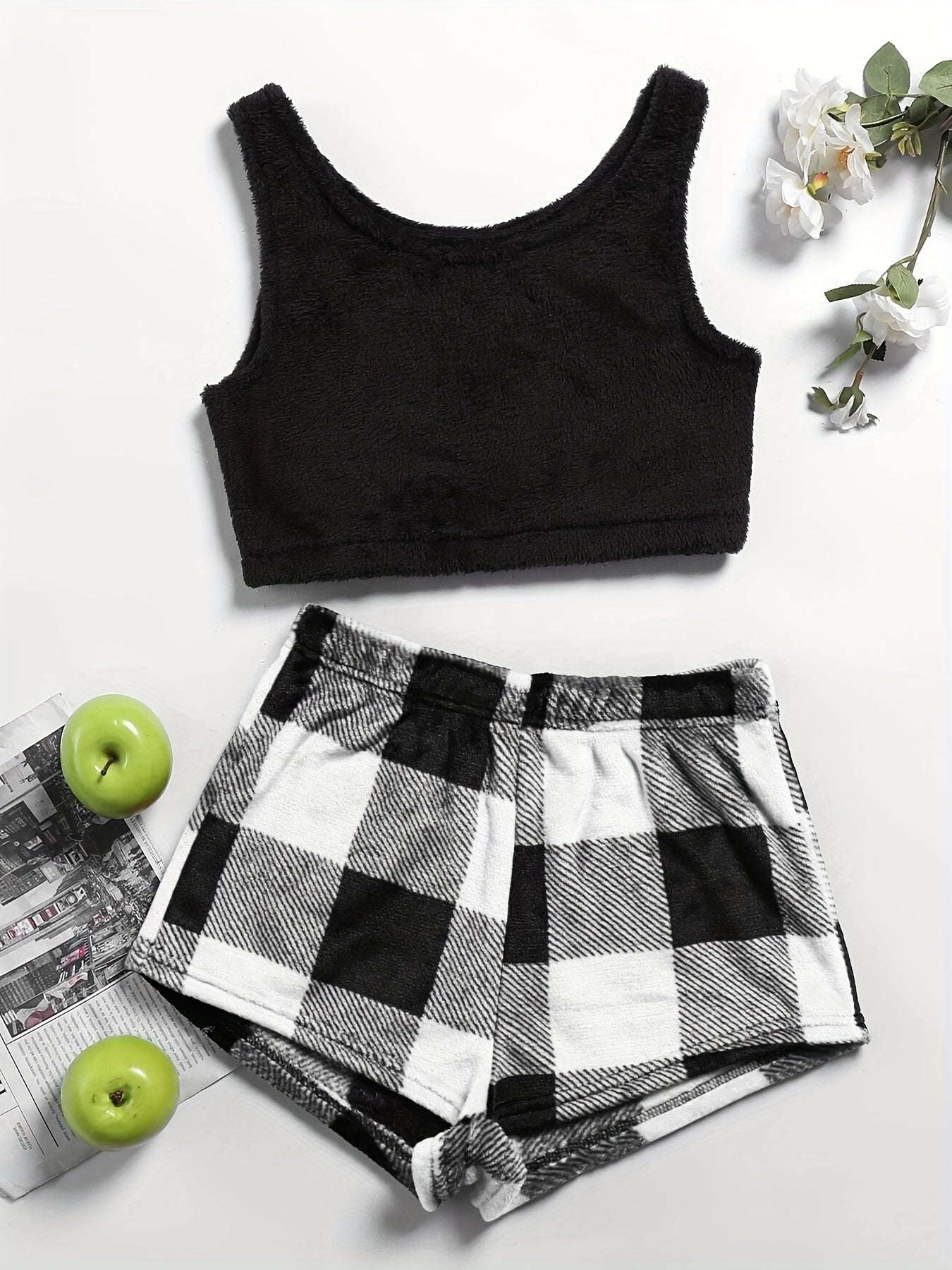 Fuzzy Lounge Set Crew Neck Tank Top & Plaid Shorts Women's Loungewear
