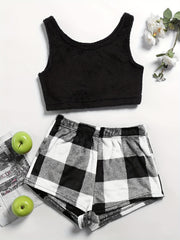 Fuzzy Lounge Set Crew Neck Tank Top & Plaid Shorts Women's Loungewear