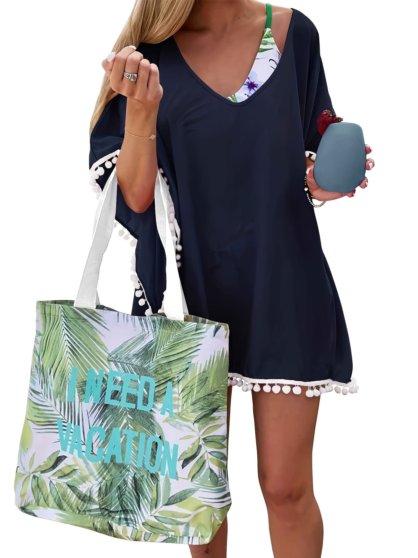 Chiffon Pom Pom Kaftan Beach Swimsuit Cover Up Scoop Neck Batwing Dress