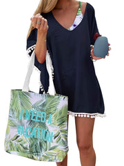 Chiffon Pom Pom Kaftan Beach Swimsuit Cover Up Scoop Neck Batwing Dress