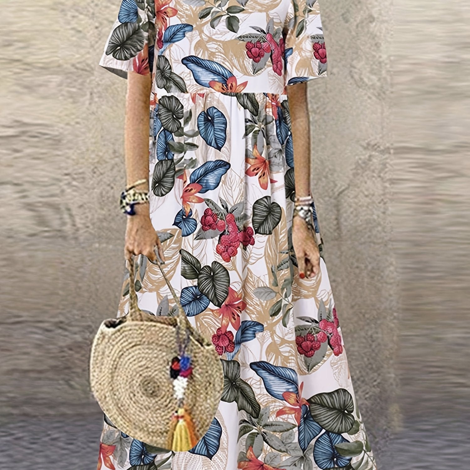 Floral Print Maxi Dress Short Sleeve Plus Size