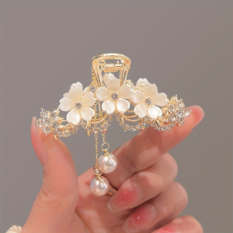 Camellia Rhinestones Faux Pearl Tassel Hair Clip & Metal Hair Clip