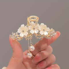 Camellia Rhinestones Faux Pearl Tassel Hair Clip & Metal Hair Clip