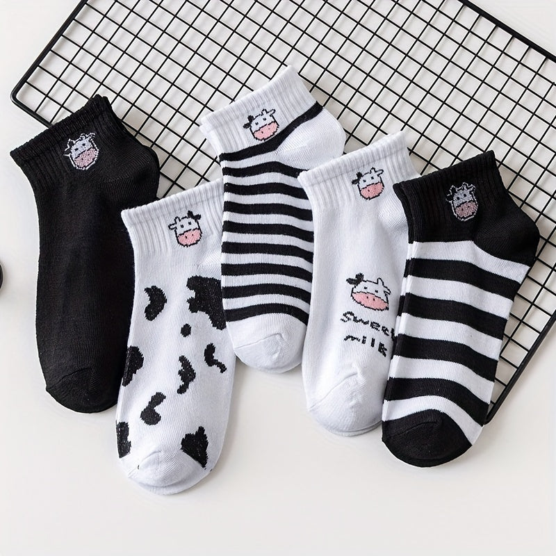5Pairs Girls Cartoon Cow Print Cotton Blend Ankle Socks for Spring