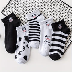 5Pairs Girls Cartoon Cow Print Cotton Blend Ankle Socks for Spring