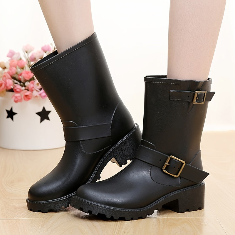 Women's Chunky Heel Rain Boots Waterproof Mid Calf Booties