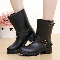 Women's Chunky Heel Rain Boots Waterproof Mid Calf Booties