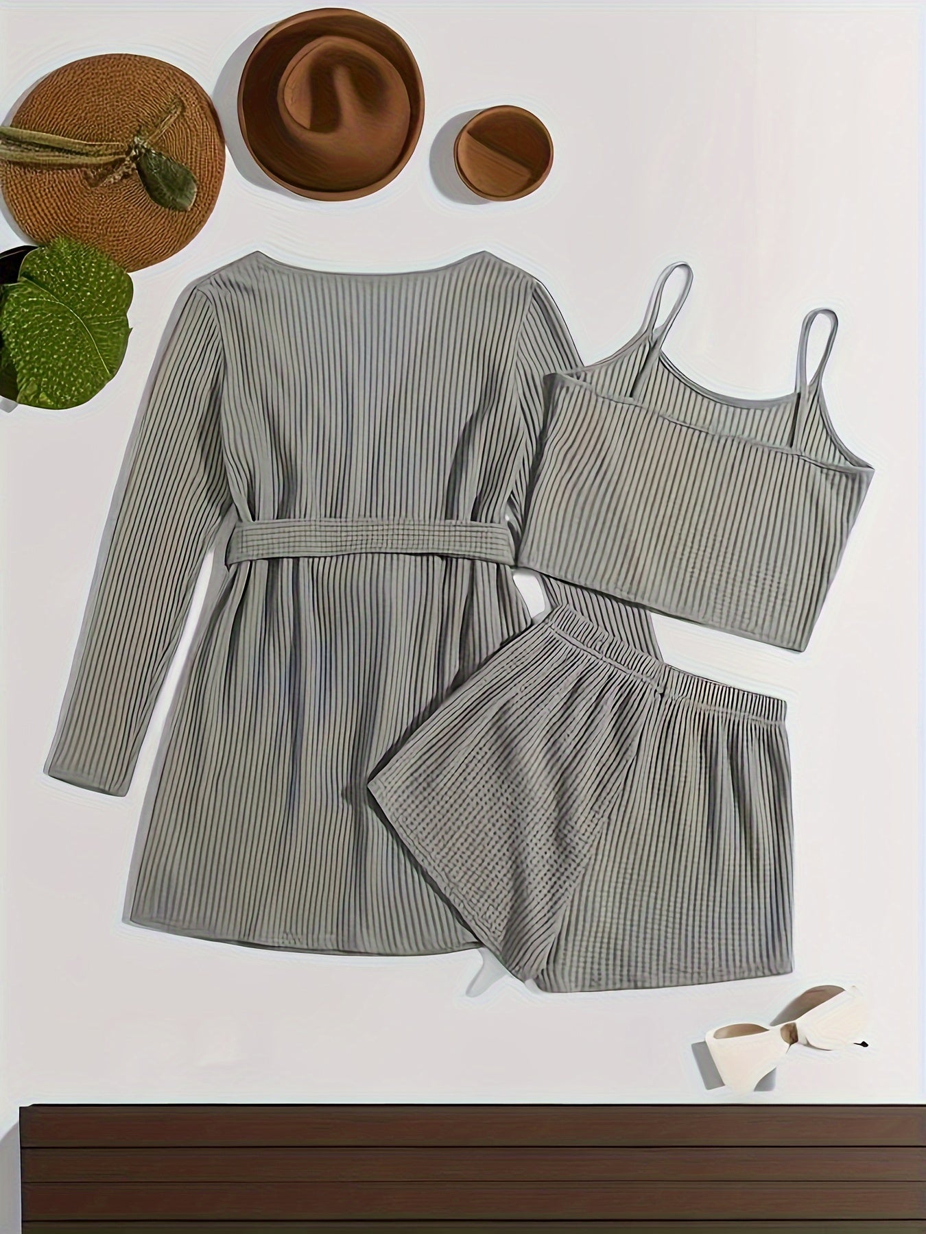 Solid Waffle Lounge Set Long Sleeve Robe & Crew Neck Cami Top & Shorts