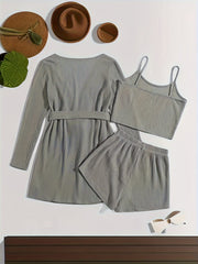Solid Waffle Lounge Set Long Sleeve Robe & Crew Neck Cami Top & Shorts