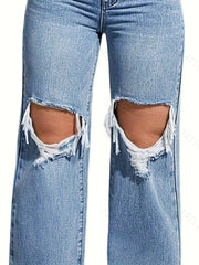 Women's Plus Solid Ripped High Rise Wide Leg Jeans