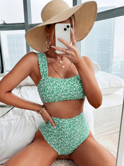 Floral Print Bikini Set Square Neck High Waist Two Piece Swimsuit