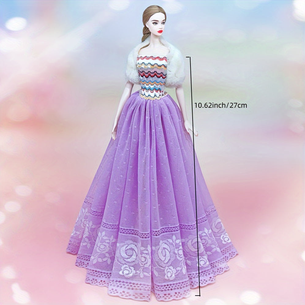 Doll Dress with Lace Detail and Faux Fur Shawl for Dolls Outfits