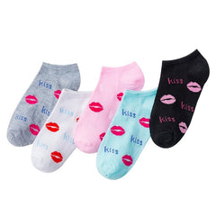 5 Pairs Red Lip Pattern Low Cut Ankle Socks Women's Stockings