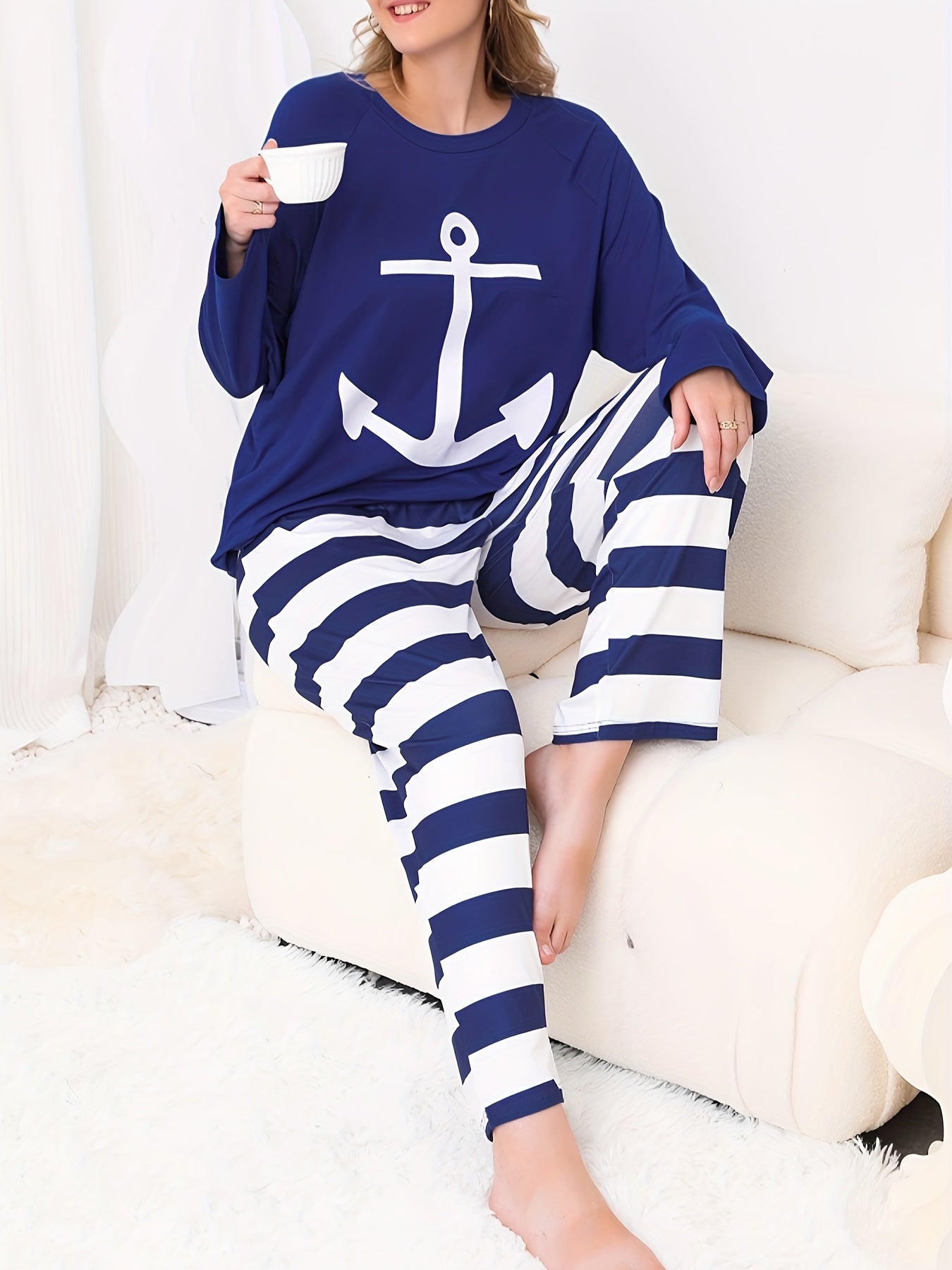 Anchor & Stripe Print Tee & Pants Pajamas Set