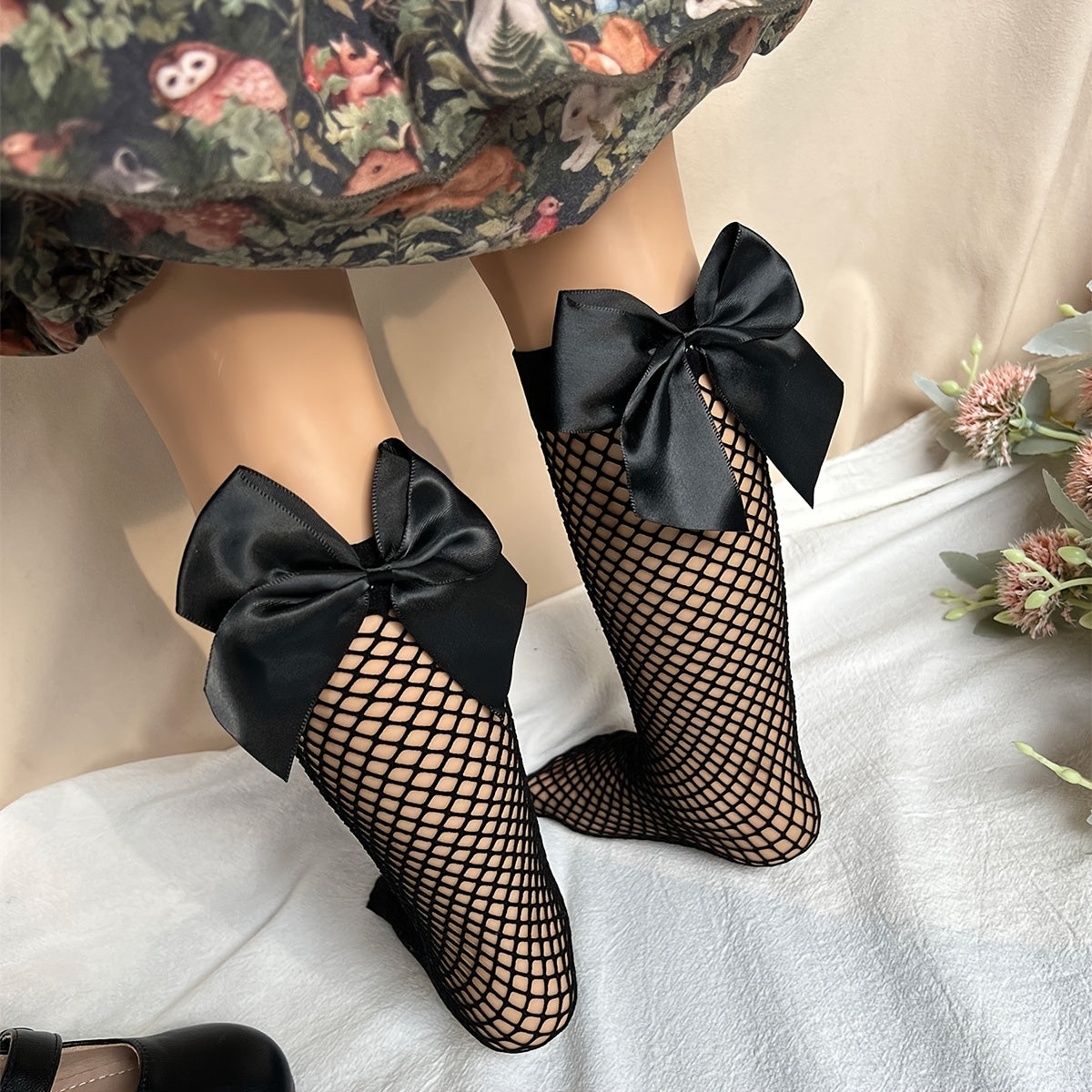 Girls Fishnet Socks with Bow Accent, Breathable Over the Calf Socks