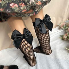 Girls Fishnet Socks with Bow Accent, Breathable Over the Calf Socks