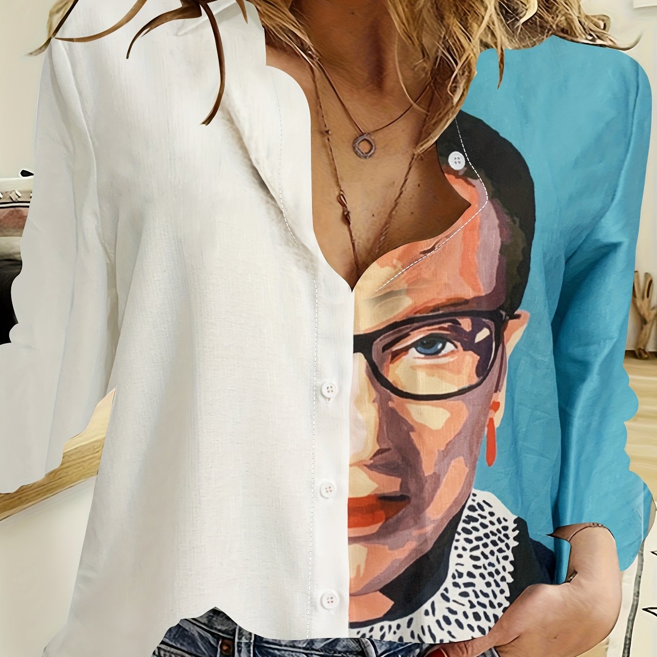 Colorblock Cartoon Print Long Sleeve Shirt Top