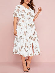 Floral Print Short Sleeve V Neck Dress