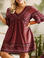 Paisley Print Short Sleeve V Neck Dress