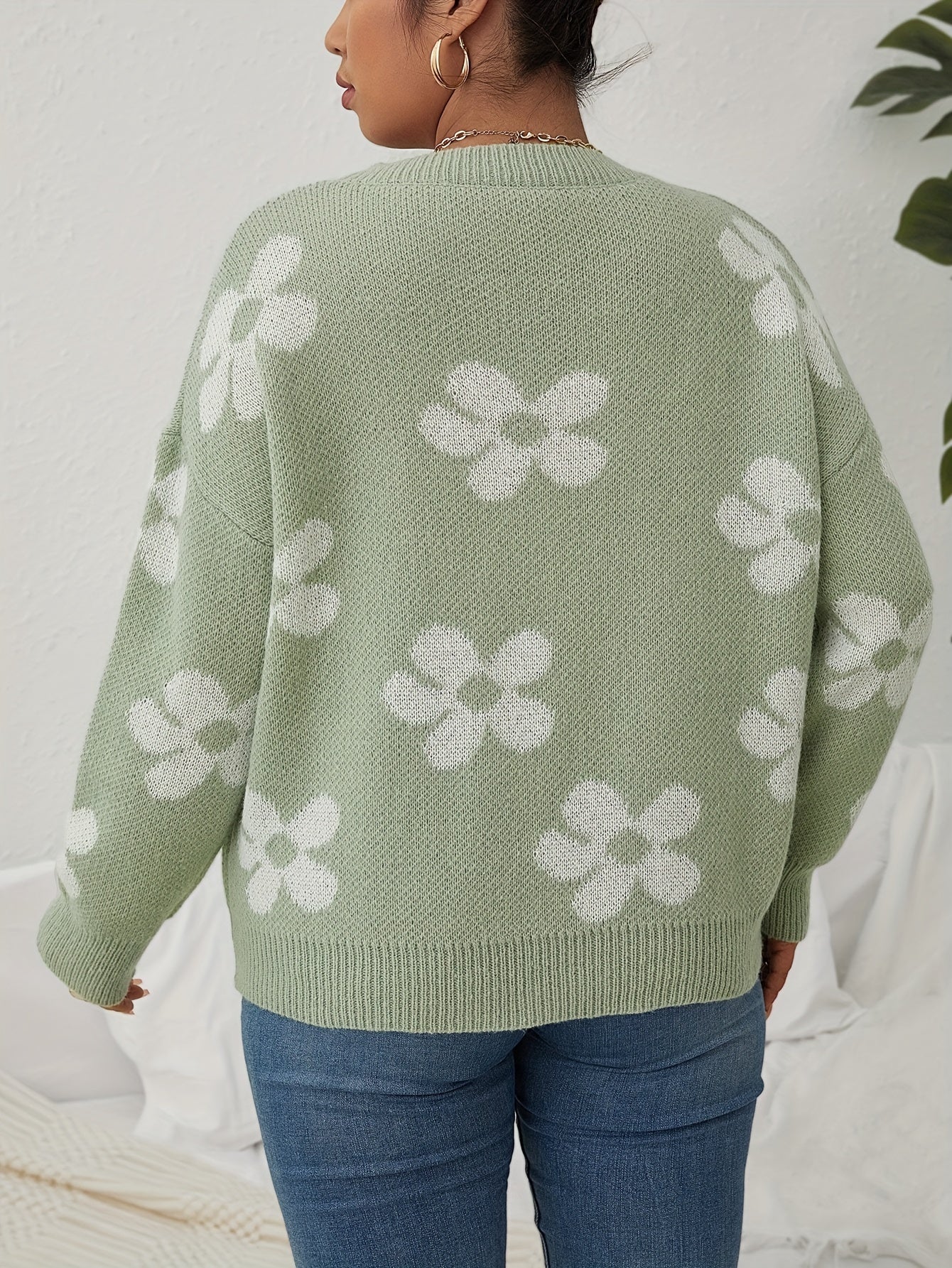Floral Pattern Sweater Long Sleeve Round Neck Pullover