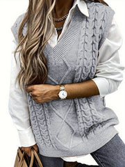 Preppy Sweater Vest Women's Plus Solid Argyle Knit V Neck Slight Stret