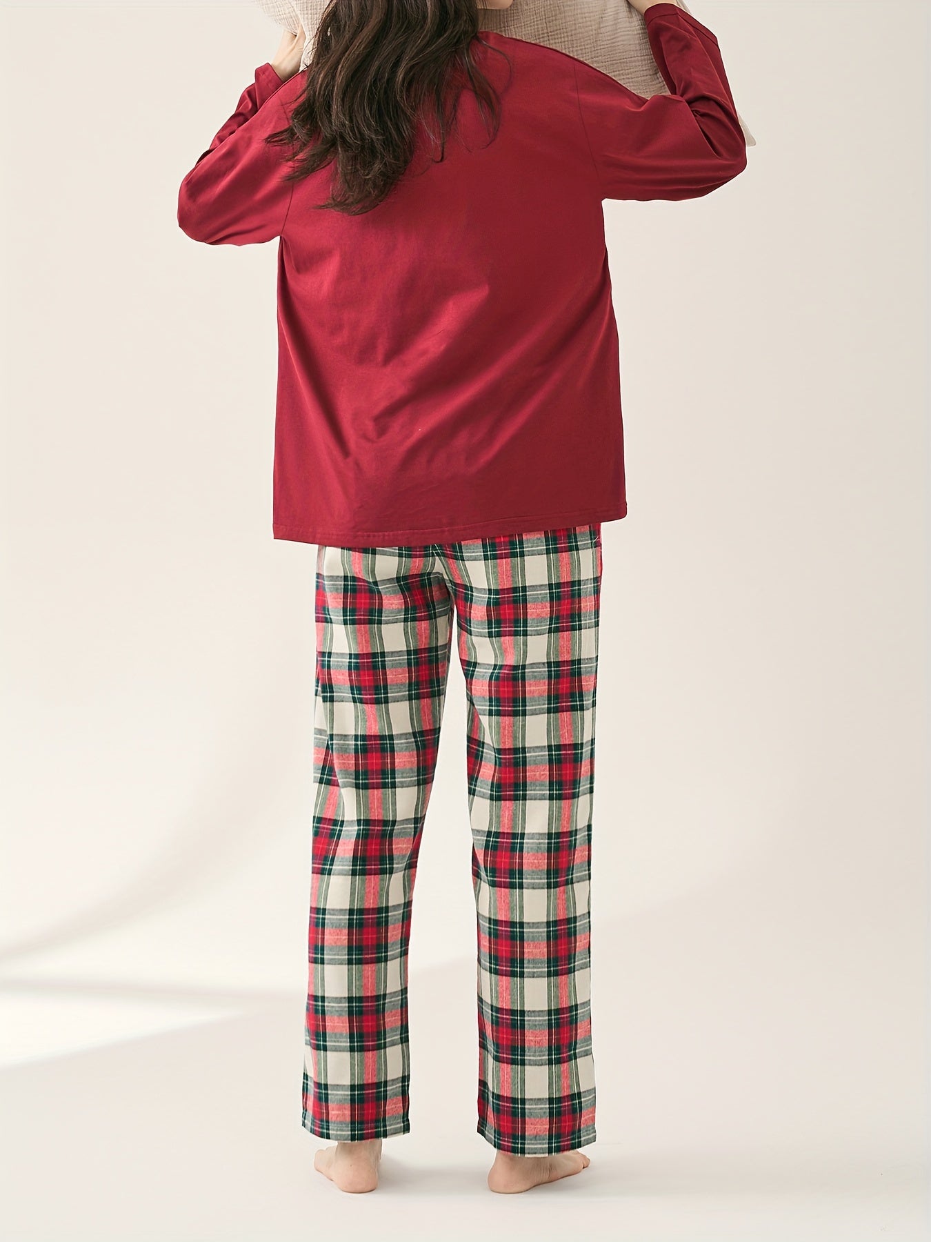 Plaid Print Pajama Set Long Sleeve Top & Plaid Pants