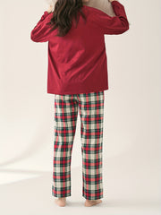 Plaid Print Pajama Set Long Sleeve Top & Plaid Pants