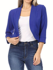 Solid Cropped Blazer Open Front 3/4 Sleeve Work Office Outerwear
