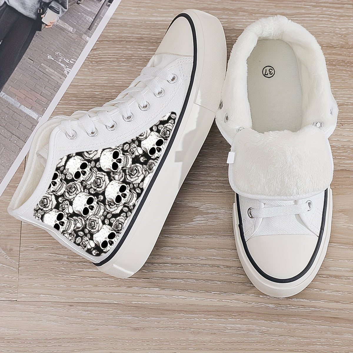 Girl's High Top Skull Pattern Skate Shoes Warm Plush Lining