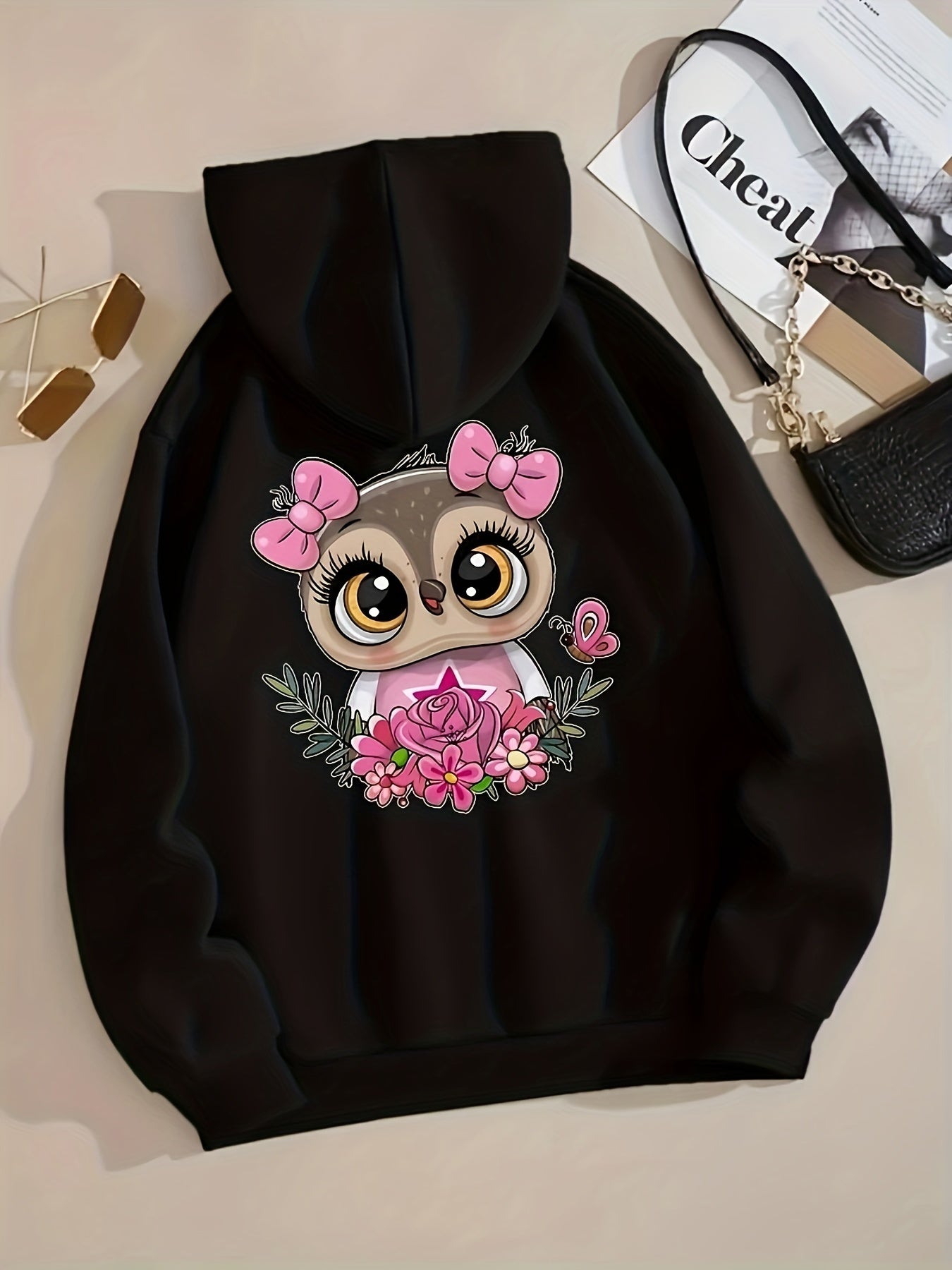 Cartoon Owl Print Hoodie Casual Hooded Sweatshirt for Winter & Fall