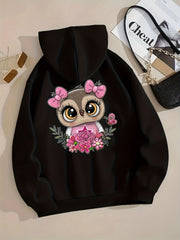 Cartoon Owl Print Hoodie Casual Hooded Sweatshirt for Winter & Fall