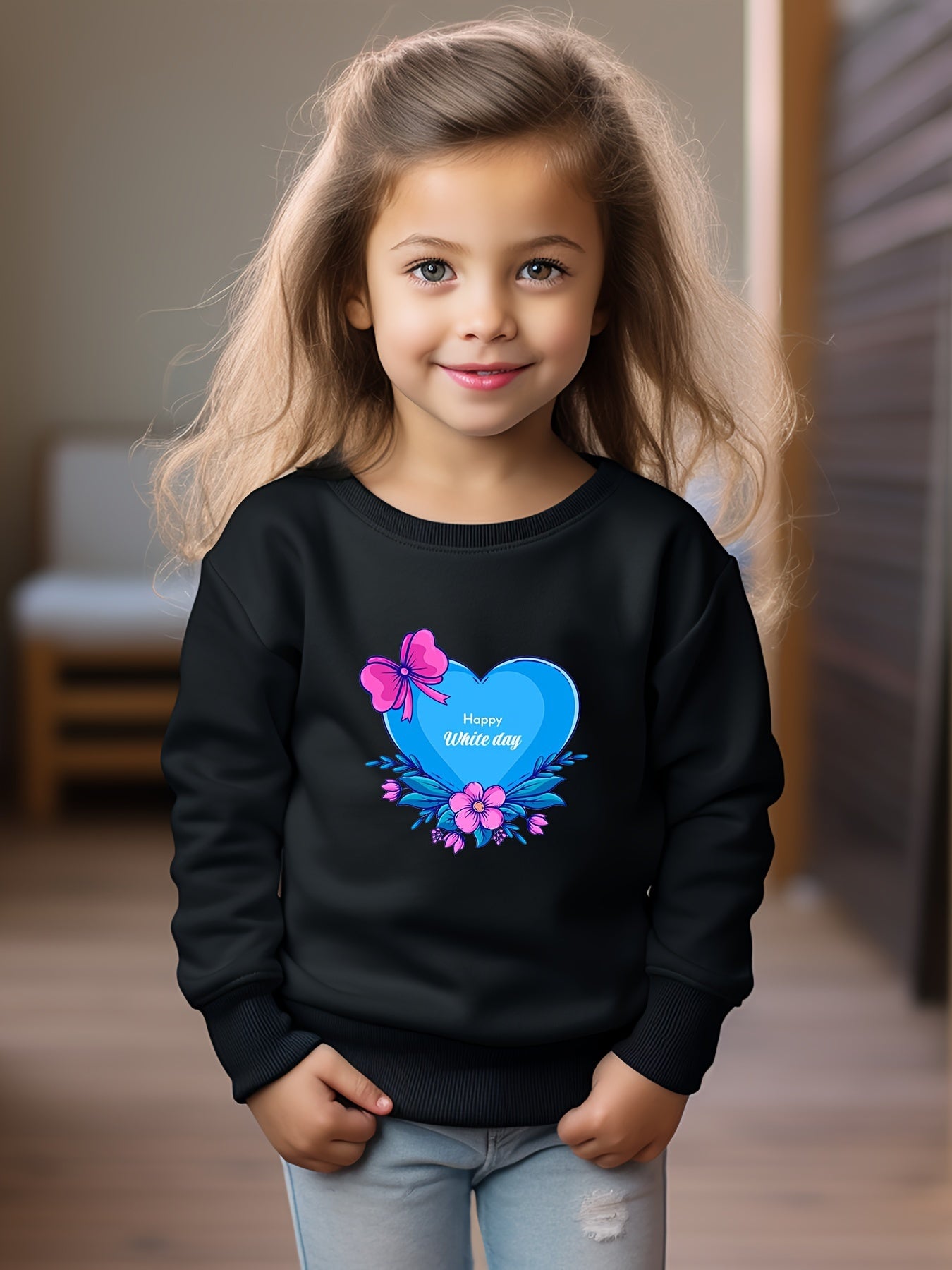 Girls Love Heart Print Sweatshirt Crew Neck Pullover