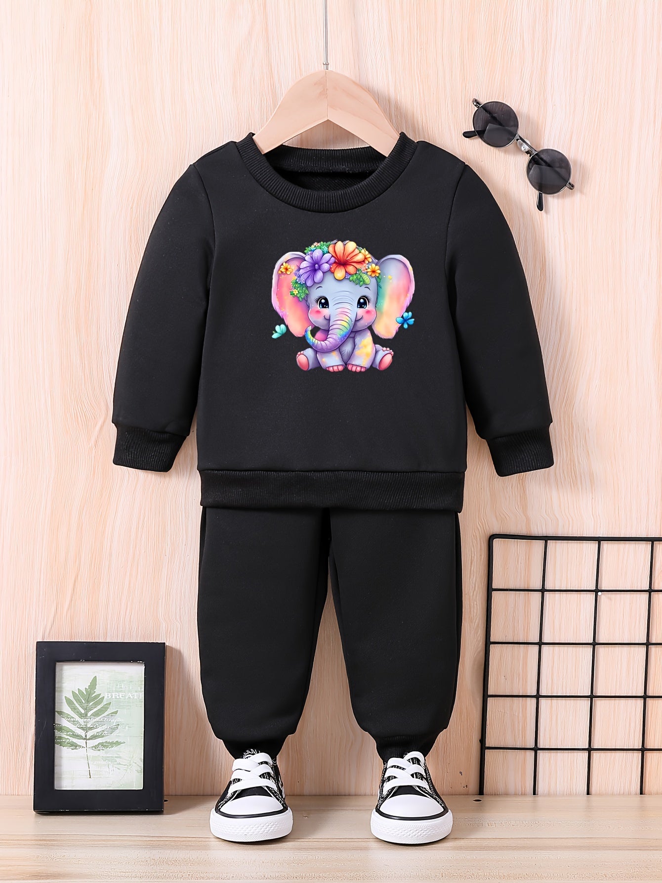 Baby Elephant & Flower Graphic Outfit Long Sleeve Sweatshirt Trousers Set